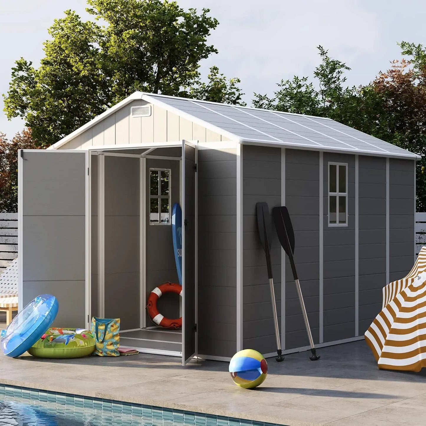 NEW Storage Shed 8 x 10 FT, Resin Outdoor Garden Sheds with Floor Plastic Patio Outdoor Storage with Lockable Door for Tool