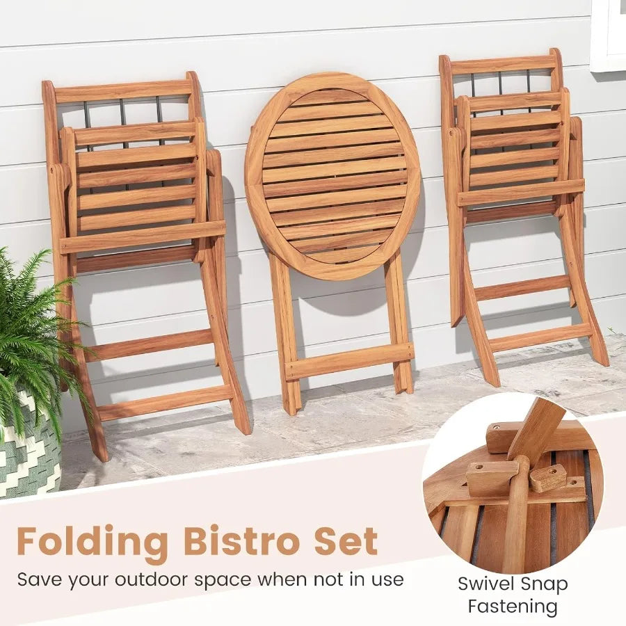 3 Pieces Acacia Wood Patio Bistro Set Folding Outdoor Table and Chairs Set with Cushions Outdoor Patio Furniture Set for Porch