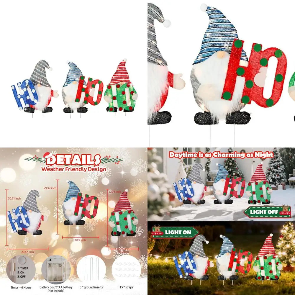Illuminated 3-Piece Gnome Set for Outdoor Christmas, Tinsel Yard Stakes, 30 Ho Ho Ho Lighted Gnome for Home & Porch Decor