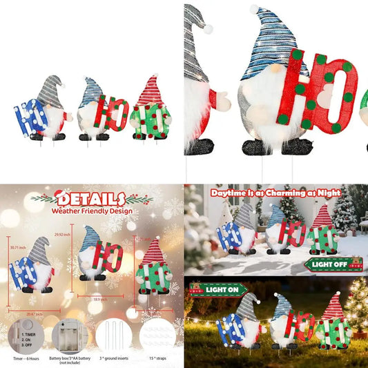 Illuminated 3-Piece Gnome Set for Outdoor Christmas, Tinsel Yard Stakes, 30 Ho Ho Ho Lighted Gnome for Home & Porch Decor