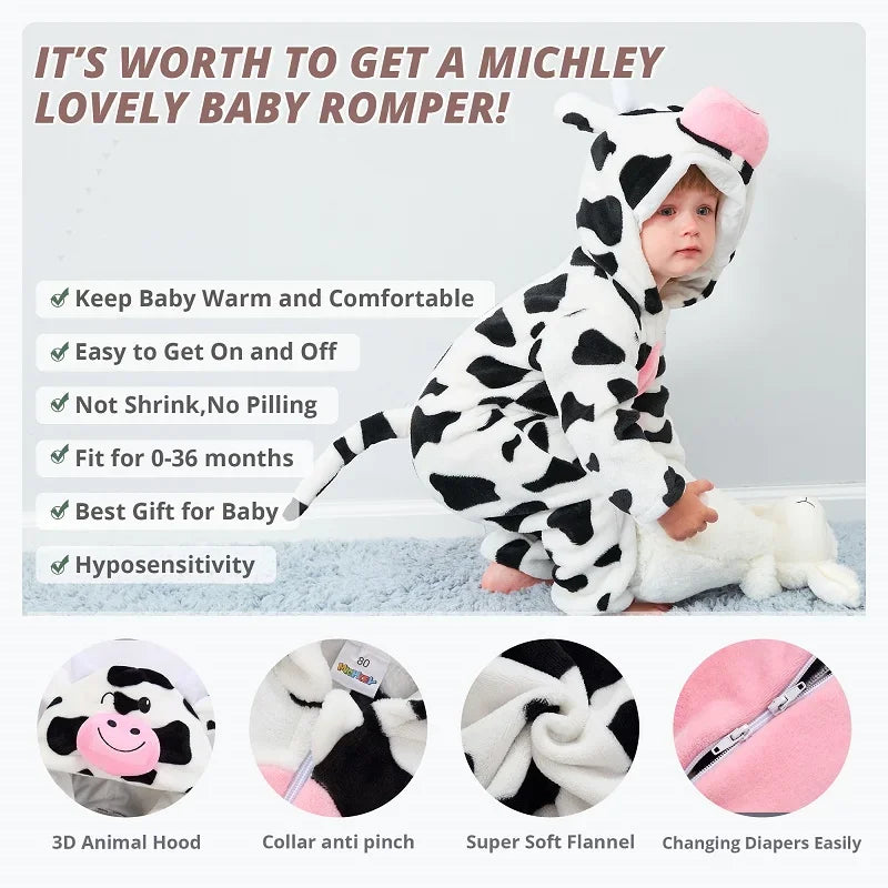 MICHLEY Halloween Winter Baby Rompers Hooded Flannel Cosplay Toddler Infant Clothes Bodysuits Jumpsuit Costume For Girl Boy