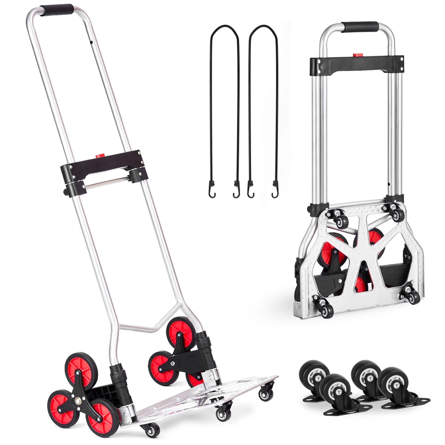 260 lbs Folding Hand Truck with Telescoping Handle & 2 Elastic Ropes Stair Climbing Cart Dolly for Warehouse Moving