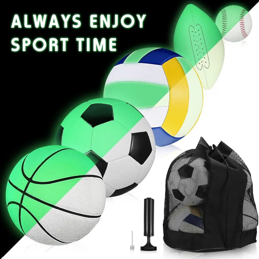 Glow in the Dark 5-Piece Sports Ball Set with Official Sizes: Football, Basketball, Soccer, Volleyball, Baseball - Includes Carr