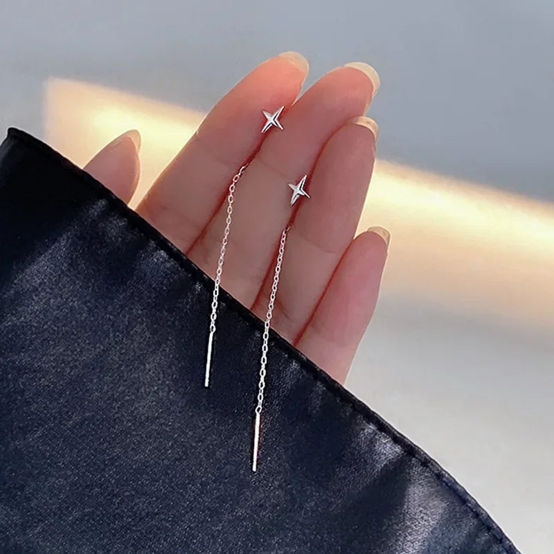S925 Silver Needle Star Line Earring for Women Tassel Drop Earring Long Chain Beads Piercing Earring Asymmetry Ear Jewelry