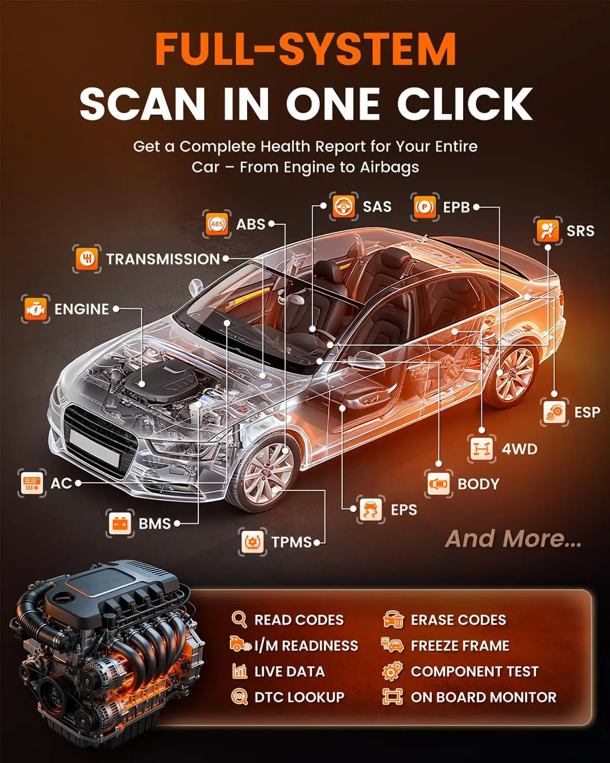 ANCEL DS200 Full System OBD2 Scanner with 15+ Reset Services ABS SRS Transmission Diagnostic Tool Free Lifetime Updates
