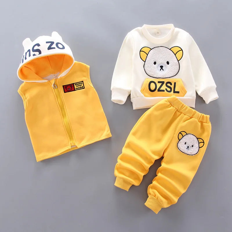 Autumn Winter Baby Girls Cute Bear Clothes Boys Thick Hooded Vest With Long Sleeve Top And Pants 3PCS Sets Kids Warm Tracksuits