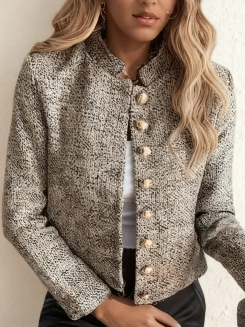 Elegant Women's Fashion Retro Tweed Notched Collar Blazer - Long Sleeve, Front Button Design, Suitable for Commute, Daily,