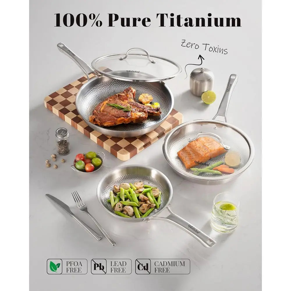 12 Inch Titanium Hammered Pro Frying Pan with Lid, Non-Stick, Non-Toxic, PFOA/PTFE Free, Dishwasher and Oven Safe, Induction Com