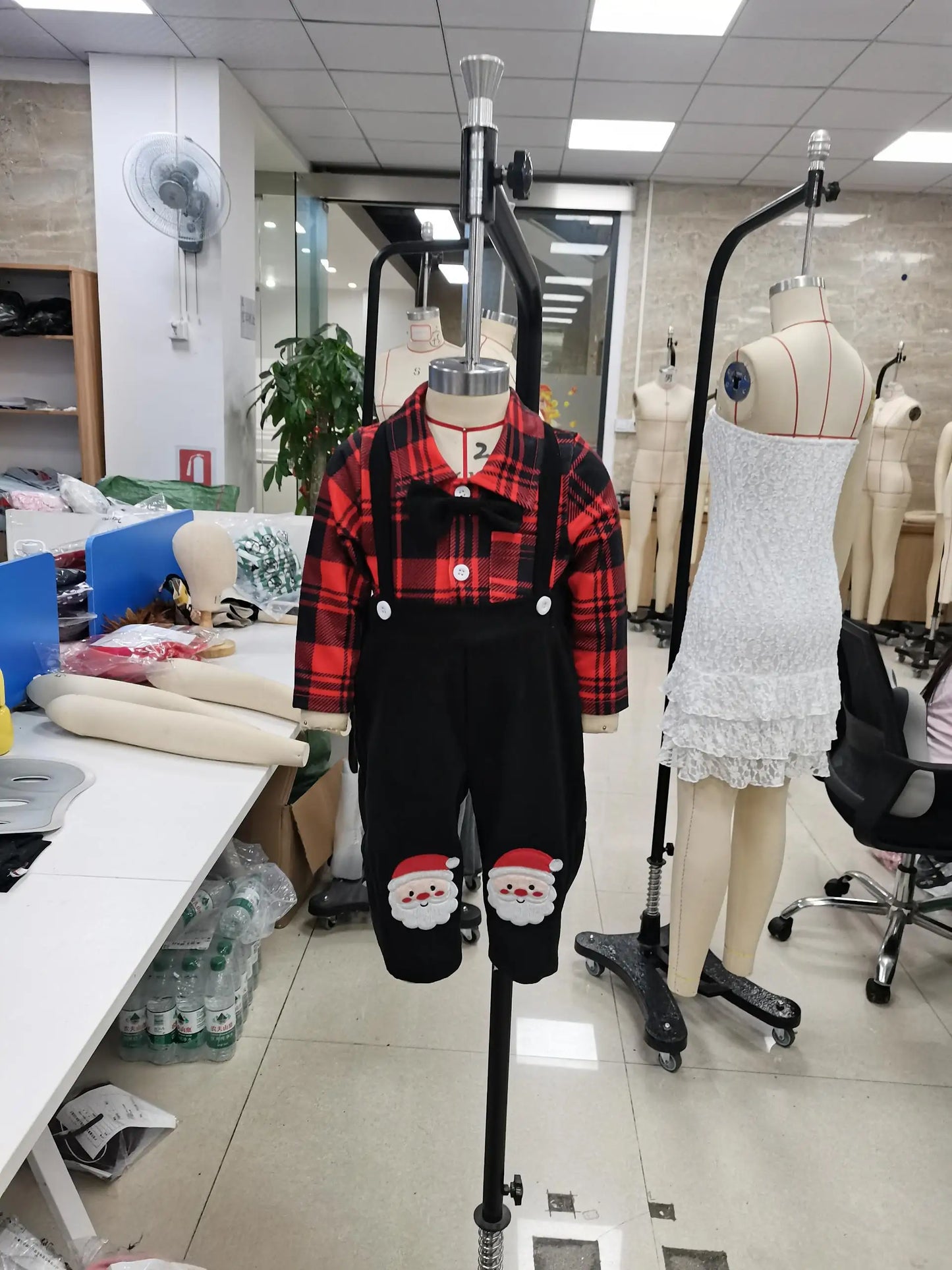 Baby Boy Clothing Cute Christmas Long Sleeve Plaid Romper with Embroidery Overalls Clothes Set 2Pcs Outfits