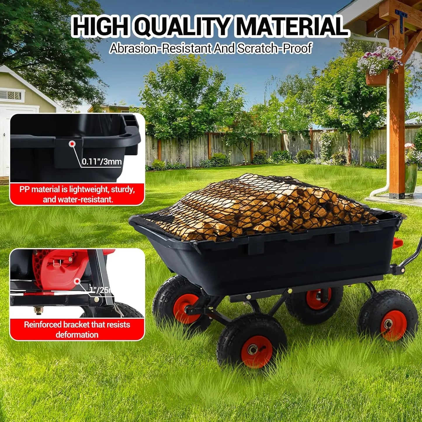 800 Lbs Garden Dump Carts, Heavy Duty Yard Cart, 4 Wheel Wheelbarrow with 10 in Tires, 180°Rotating Handle, for Plants, Soil, Sand