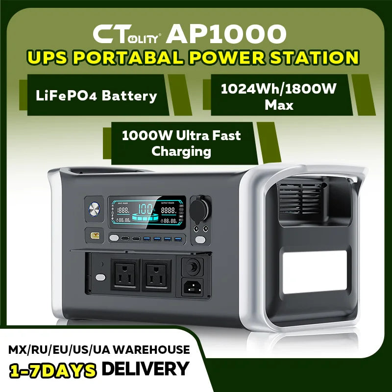 CTOLITY AP1000 1600W Portable Power Station 1024Wh Solar Generator LiFePO4 Battery Camping Travel Blackout Pure Sine Wave