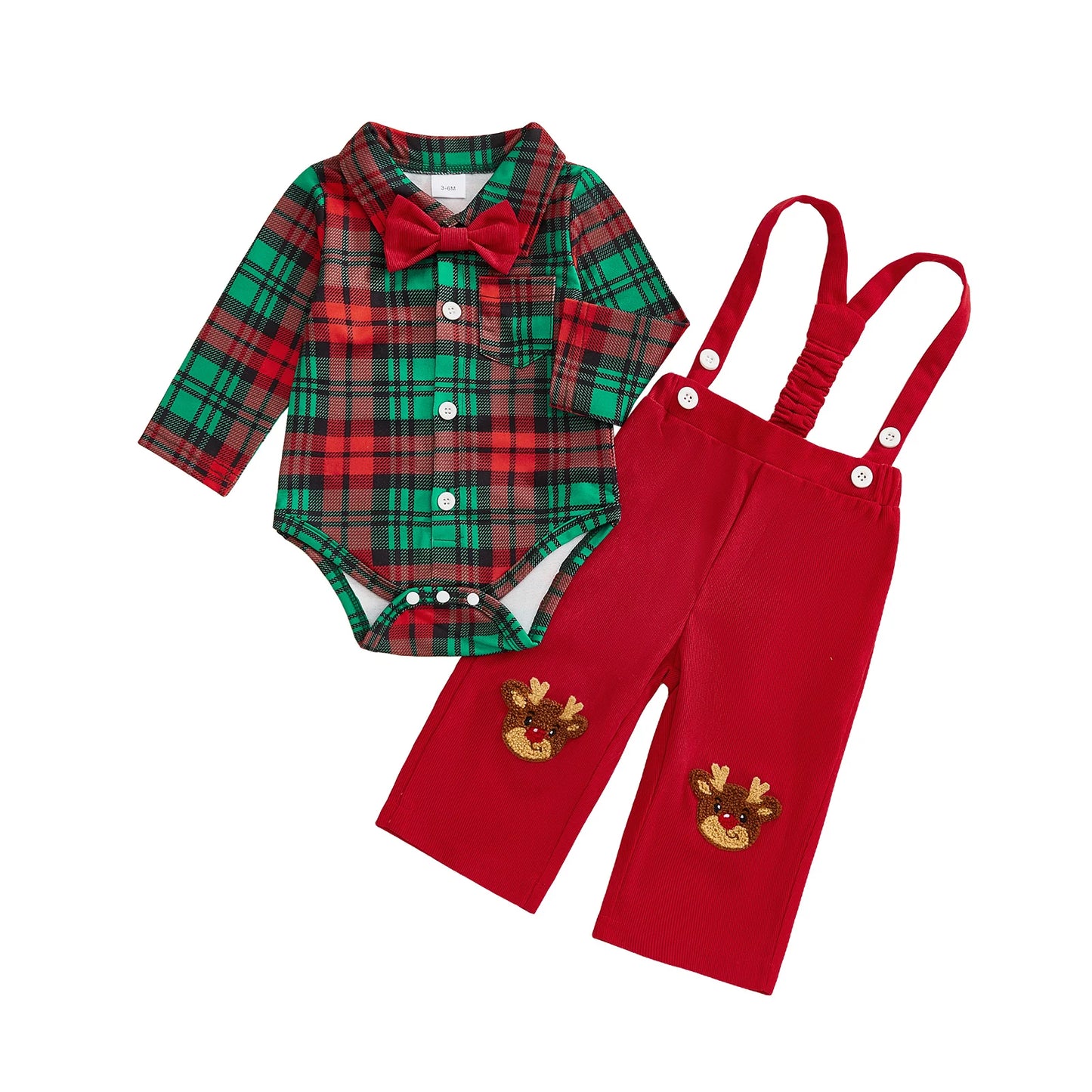 Baby Boy Clothing Cute Christmas Long Sleeve Plaid Romper with Embroidery Overalls Clothes Set 2Pcs Outfits