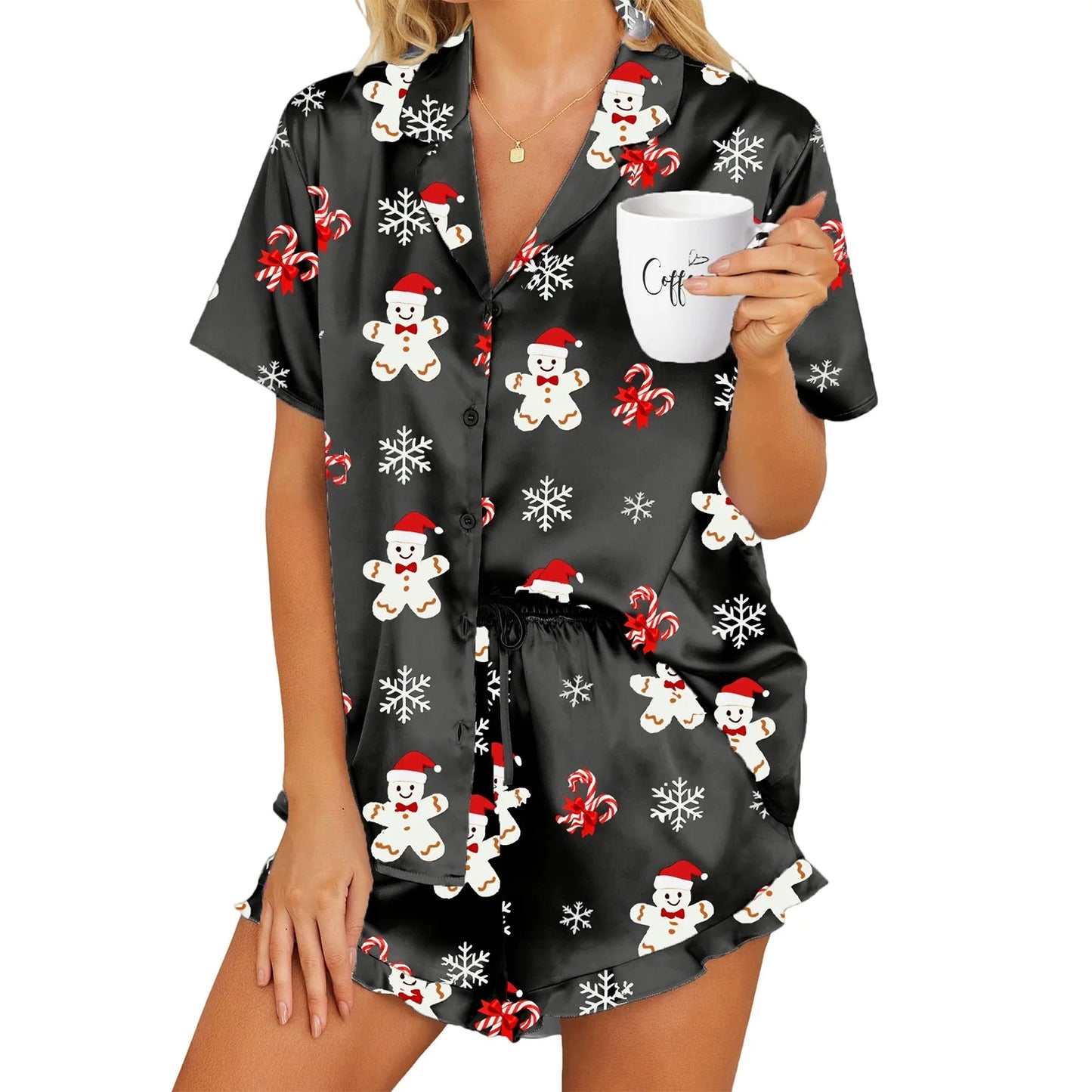 2 Piece Christmas Pajamas Sets for Women Lapel V Neck Short Sleeve Christmas Themed Print Tops and Drawstring Waist Shorts with