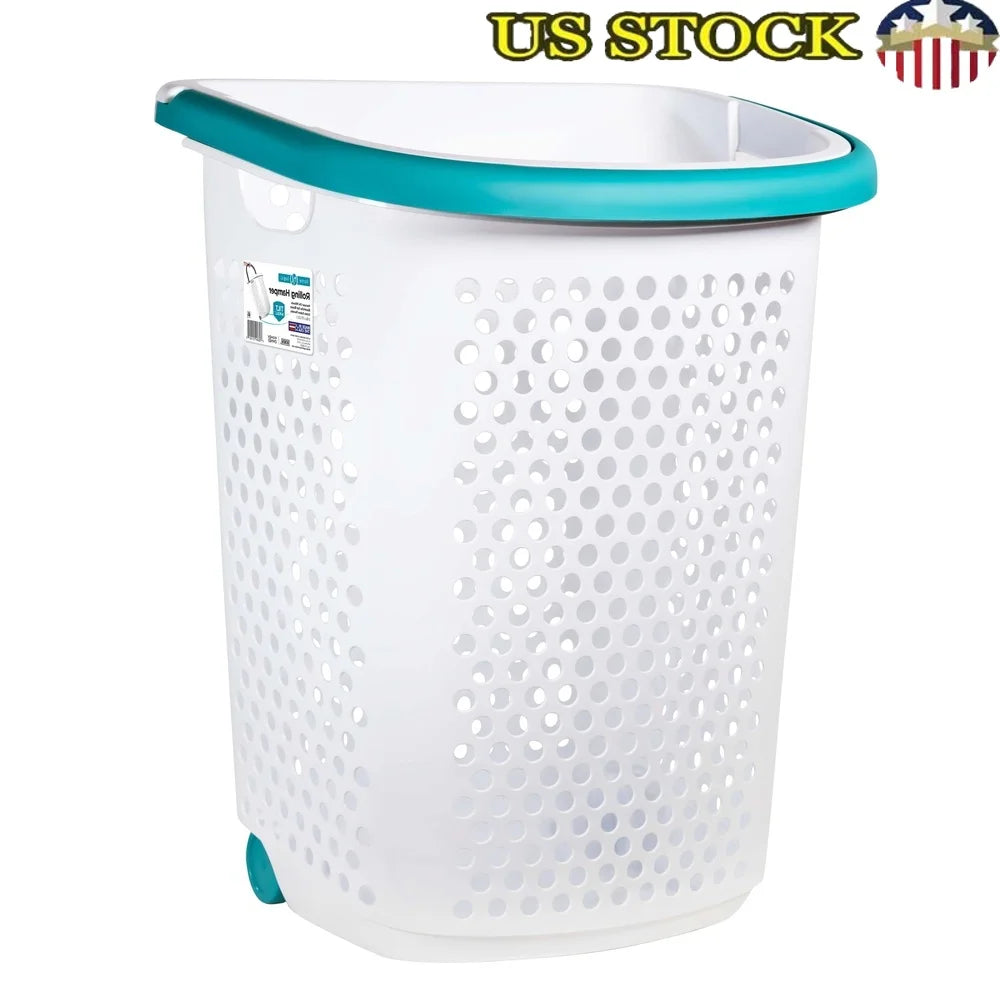 Rolling Laundry Hamper with Pop-up Handle Large Capacity Plastic Storage Basket Home College Tween Adult Use