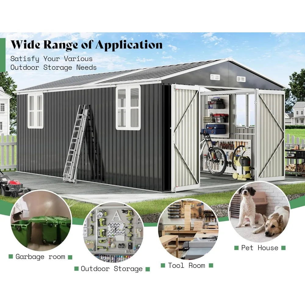 10 x 16 x 7.2 Ft Metal Storage Shed with Two Clear Panels, Outdoor Tool Storage with Hinged Double Doors, Windows, and Vents