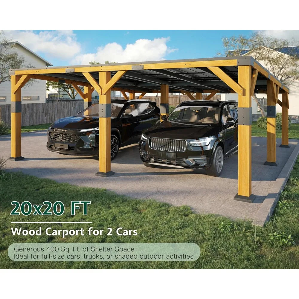 20 x 20 x 9.2 FT Cedar Wood Carport with Sloped Galvanized Steel Roof, Heavy Duty Shelter for 2 Cars, Trucks, Boats & Tract