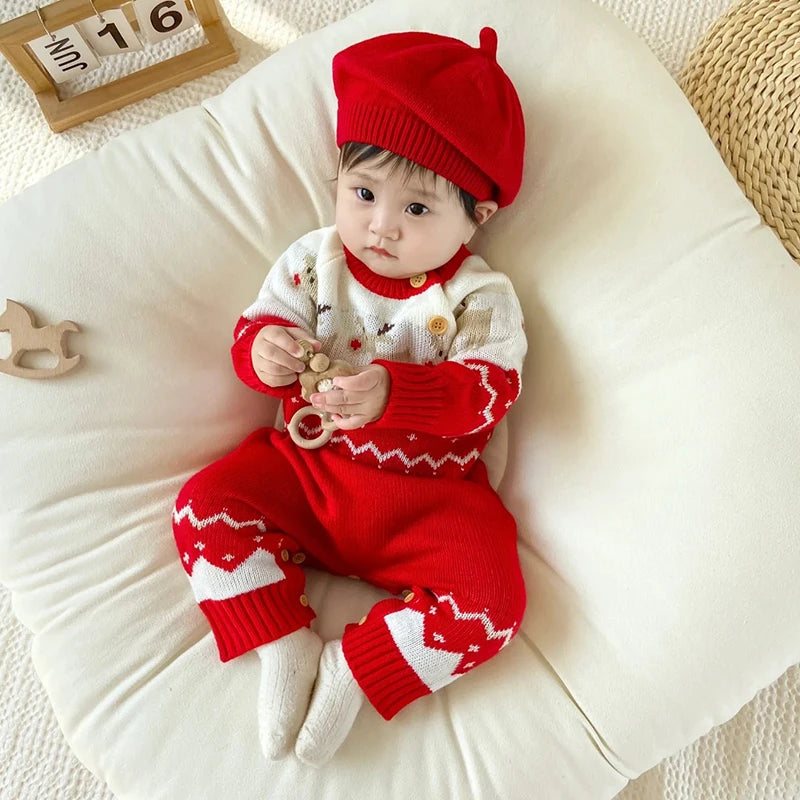 Baby Romper Clothes Winter Red Cartoon Milu Deer Knitted Newborn Infant Boy Girl Long Sleeve Jumpsuits Infant Christmas Outfits