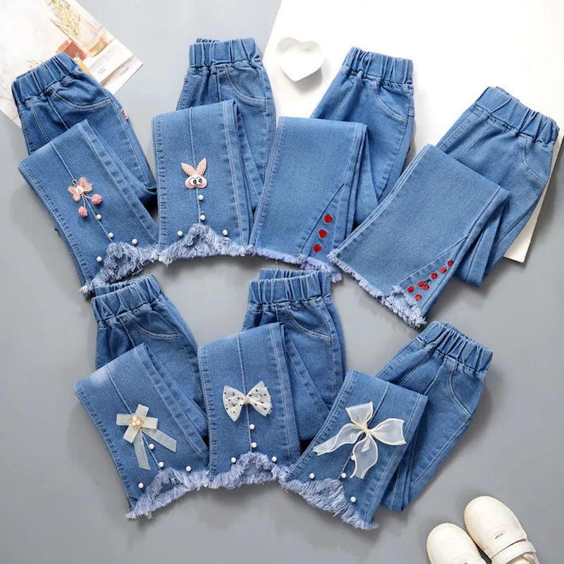 New Autumn Elastic Kids Jeans Girls Cute Leisure Bow Denim Blue Children Flared Pants teenage Girl Clothes Trousers 3 - 12 Y