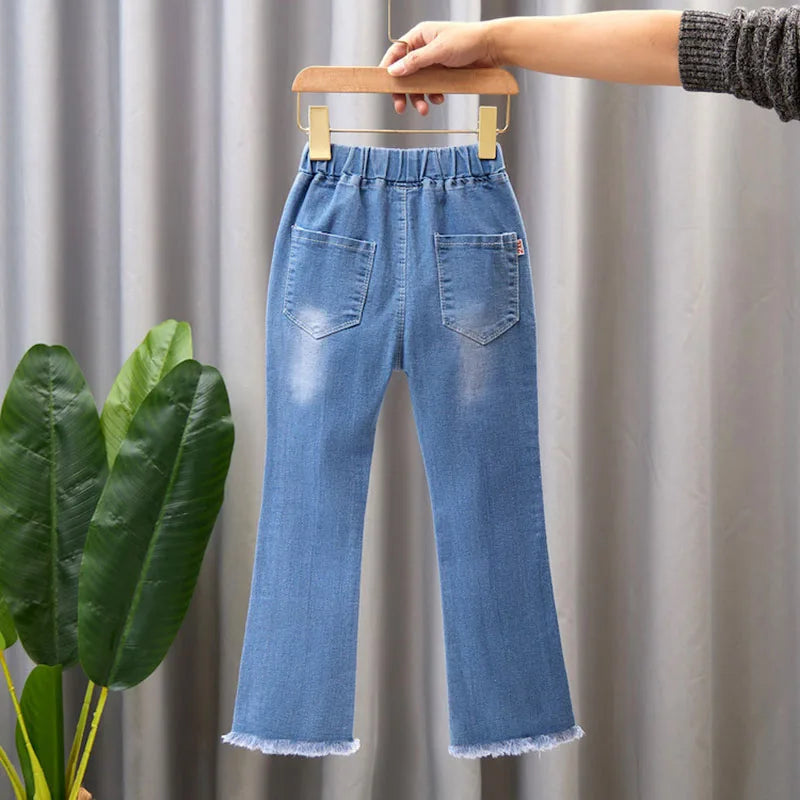 New Autumn Elastic Kids Jeans Girls Cute Leisure Bow Denim Blue Children Flared Pants teenage Girl Clothes Trousers 3 - 12 Y