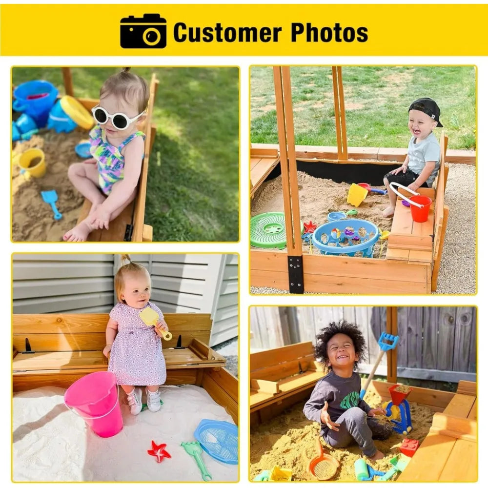 Outdoor Sandbox with UV Protective Canopy, Sandbox Comes with 2 Foldable Seats, Length 47" X 47"
