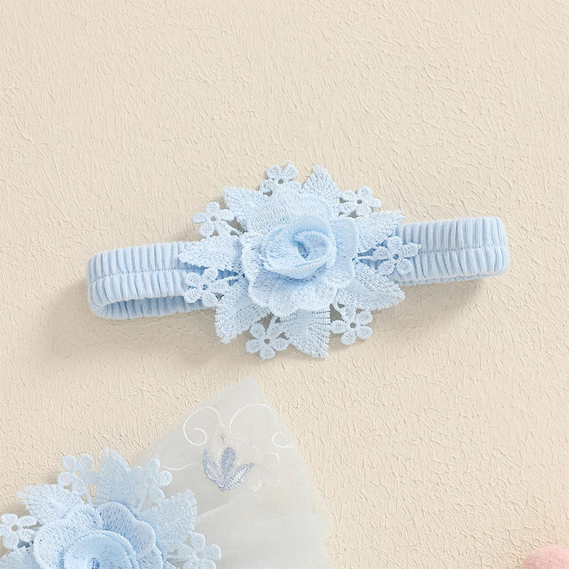 Infant Girls Floral Embroidered Romper with Mesh Skirt and Matching Headband Set for Baby Bodysuits and Jumpsuits