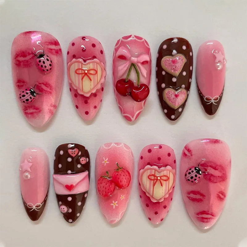 24 Piece Wine Red Almond Press on Nails Cartoon Rabbit Bow knot with Plaid Pearl Designs French Fake Nails for Girls Detachable Nail