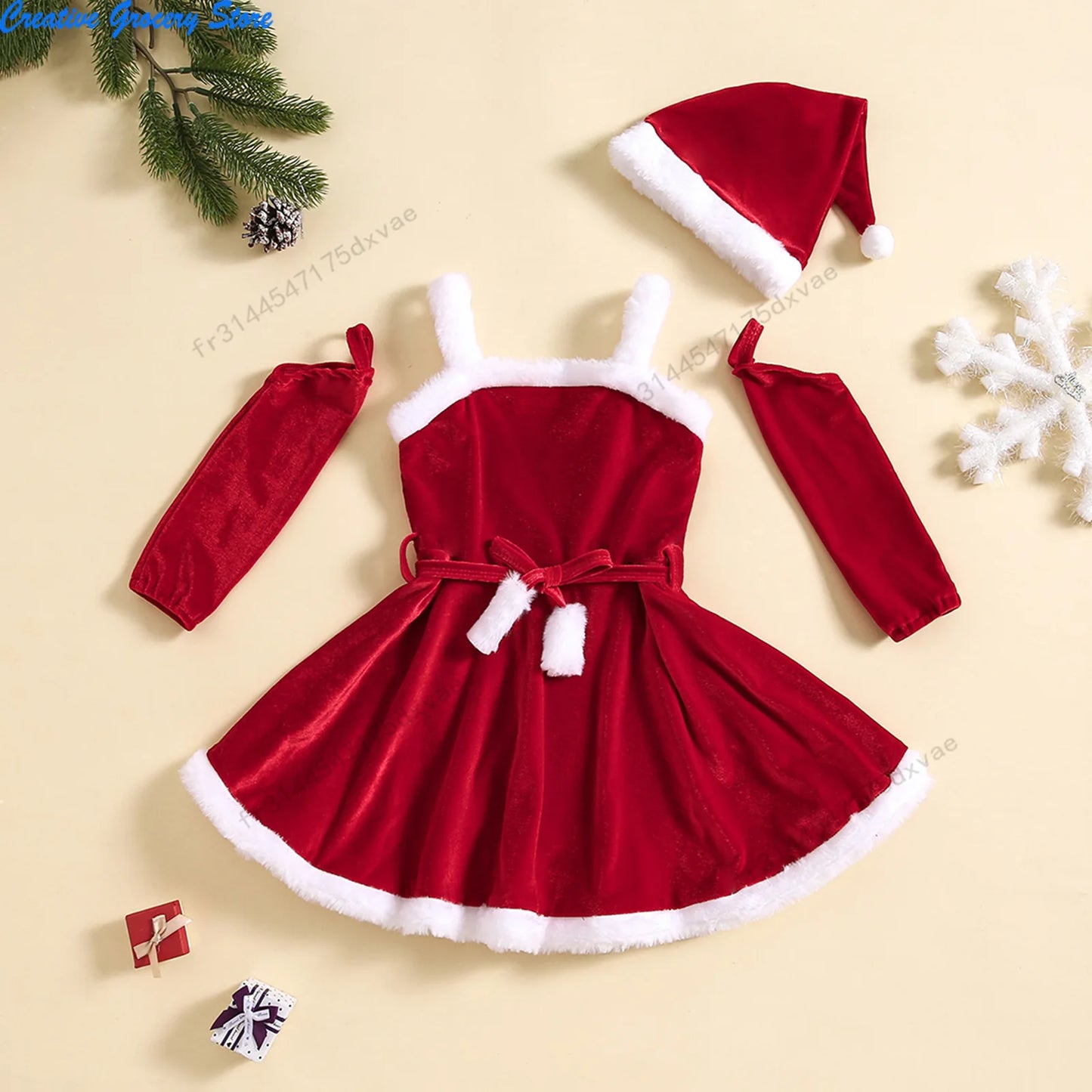 Girls Christmas Dress Sets Autumn Winter Velvet Suspender Dress + Over sleeve + Hat 3 piece Baby Santa Claus Clothes Festival Costume