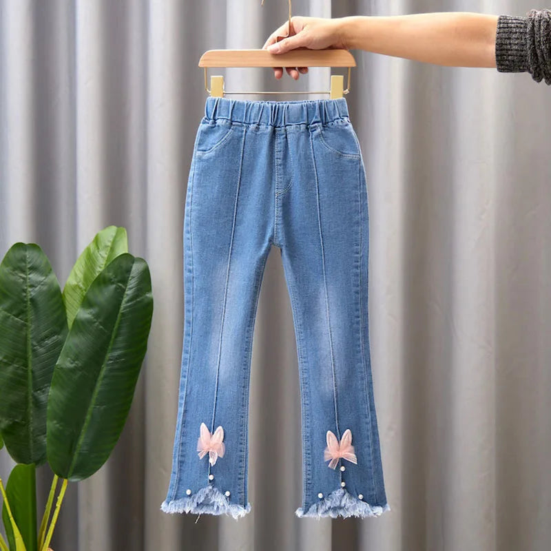 New Autumn Elastic Kids Jeans Girls Cute Leisure Bow Denim Blue Children Flared Pants teenage Girl Clothes Trousers 3 - 12 Y