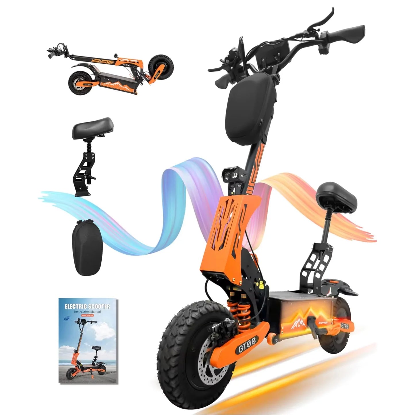 GT08 5600 W Adult Electric Scooter Dual Motor Top Speed 50 MPH,60 V 27 AH, 11-inch Off-Road Tires Sport Folding e-Scooter with Seat