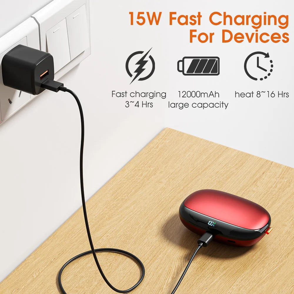 12000mAh Hand Warmer Power Bank, Dual-Side Heating with 3-Temp Control (40°C/50°C/60°C),Compact for Travel, Gift Idea