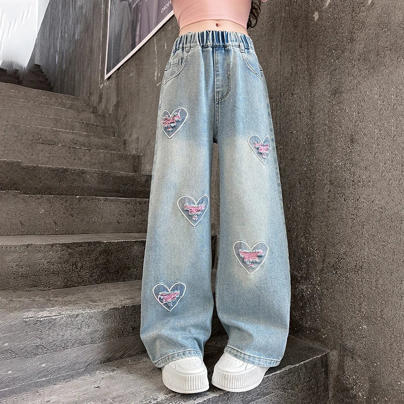 Girls pink love cut hole ripped jeans fashionable and versatile  wide-leg straight-leg pants 5-15 years old