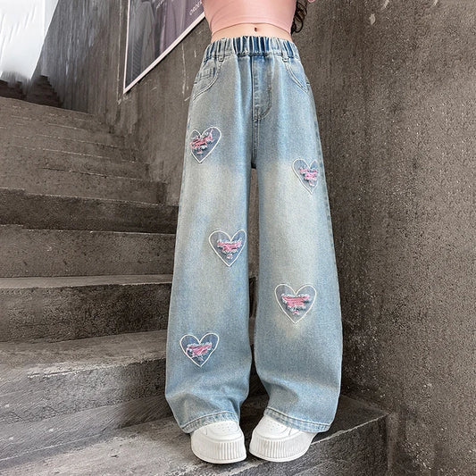 Girls pink love cut hole ripped jeans fashionable and versatile  wide-leg straight-leg pants 5-15 years old