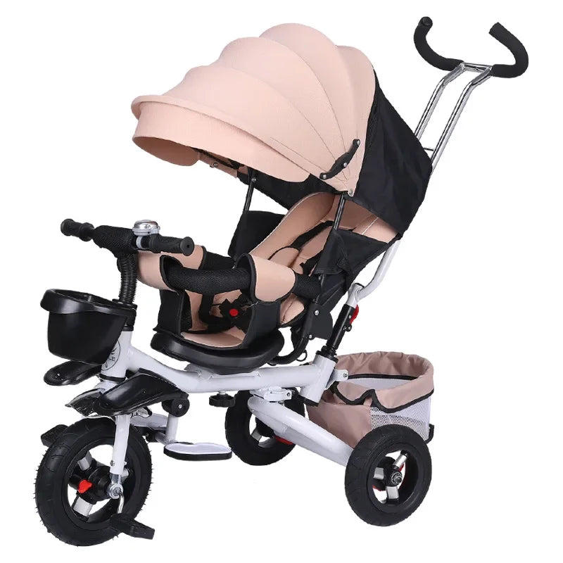 4 in 1 Folding Kids Trike Sit & Lying Portable Baby Stroller with Large Canopy Tricycle Dual Brake 3-Gear Adjustable Backrest