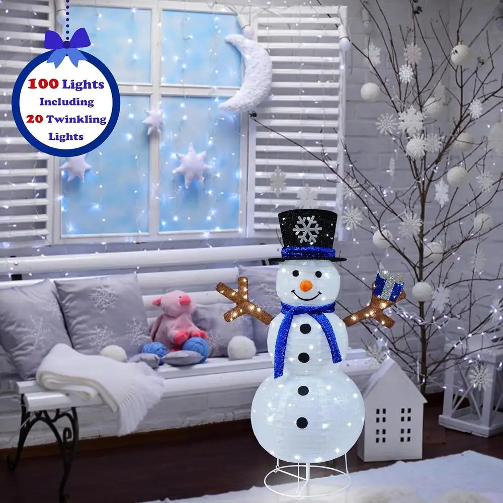 Pre-lit 100-Light Collapsible Snowman with Blue Scarf and Illuminated Gift for Outdoor Christmas