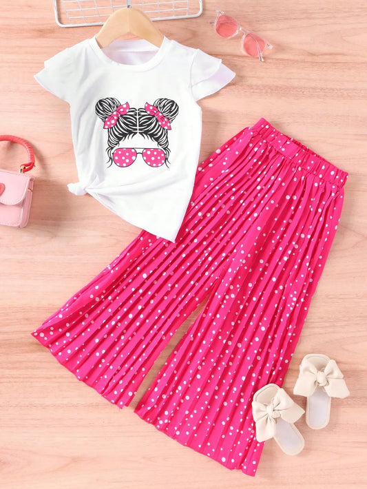 Young Girls Fashion 3-Season Set - Portrait Pattern Ruffle T-Shirt & Woven Long Pants