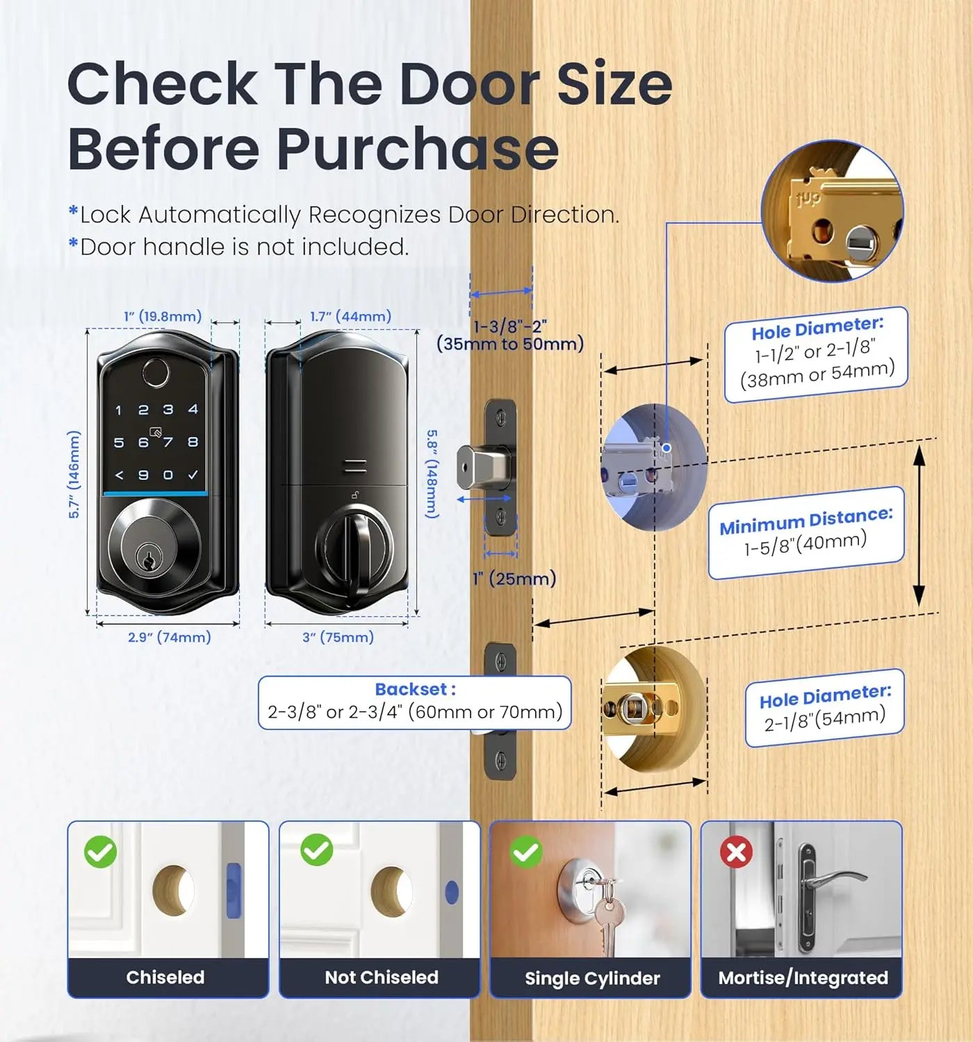 Veise VE07 Fingerprint Smart Door Lock, 7-in-1 Keyless Entry Deadbolt with App Control, Electronic Digital Touchscreen Keypad