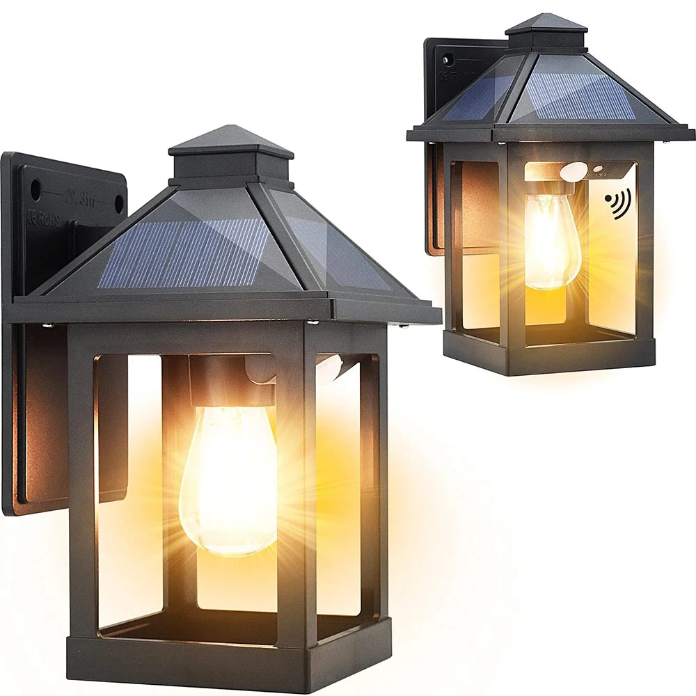 2 Piece Solar Powered Wall Lanterns with 3 Modes Dusk to Dawn Motion Sensor LED Sconce Lights Exterior Front Porch Security Lamps