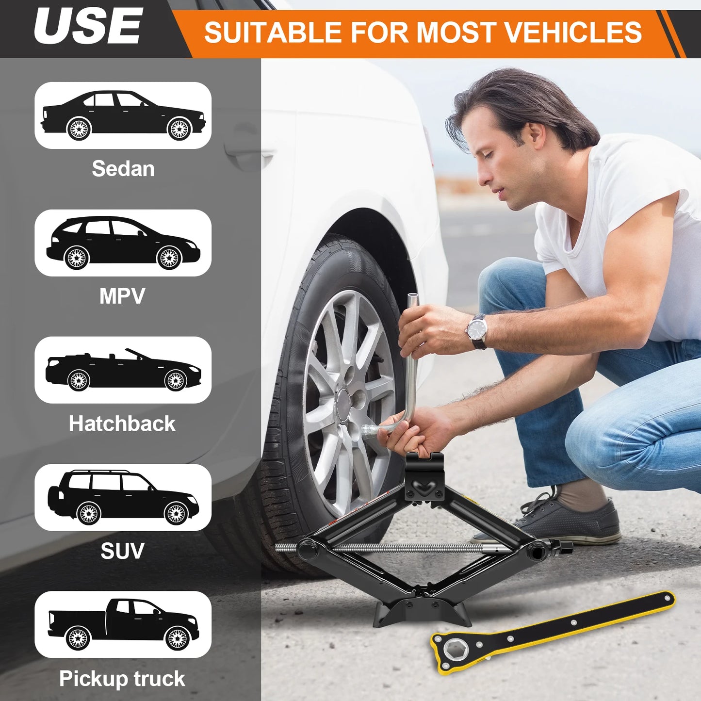 Car Scissor Jack 2T Auto Emergency Crank Lift Stand Labor-Saving Repair & Tire Replacement Tool with Wrench for SUV Vehicles