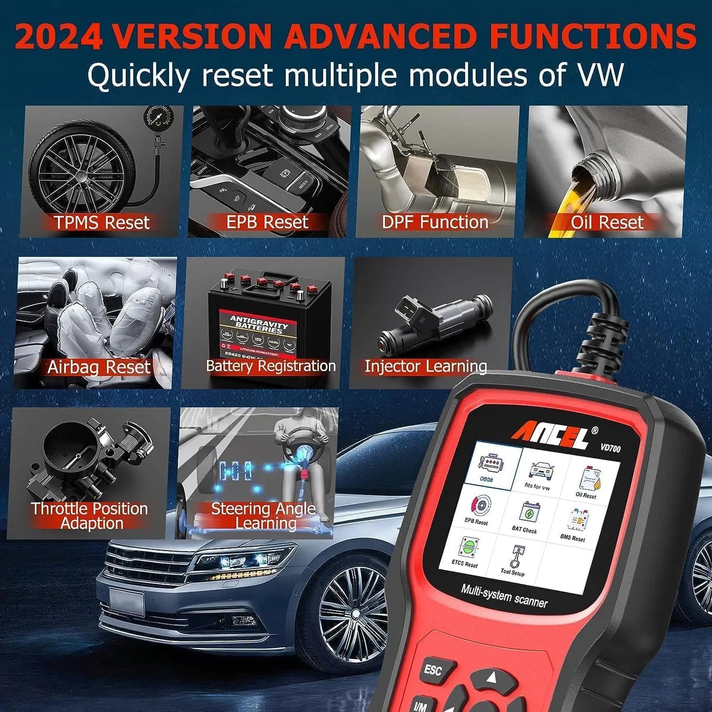 ANCEL VD700 OBD2 Diagnostic Tool Code Reader Scan Tool Fit for Volkswagen Audi VW Skoda Seat All Functions OBD11 Scanner