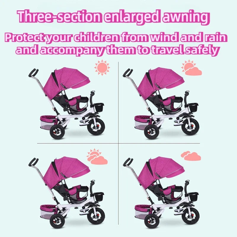 4 in 1 Folding Kids Trike Sit & Lying Portable Baby Stroller with Large Canopy Tricycle Dual Brake 3-Gear Adjustable Backrest