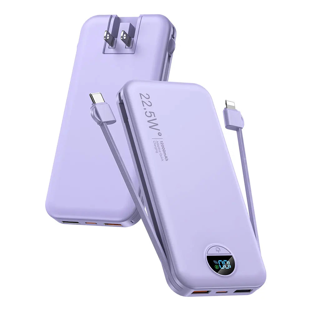 Ultra-Thin 12000 m Ah AC Wall Charger Power Bank with Built-in Cables, USB-C Fast Charging, Digital Display, Essential for Travel