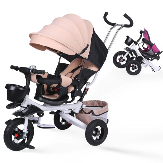 4 in 1 Folding Kids Trike Sit & Lying Portable Baby Stroller with Large Canopy Tricycle Dual Brake 3-Gear Adjustable Backrest