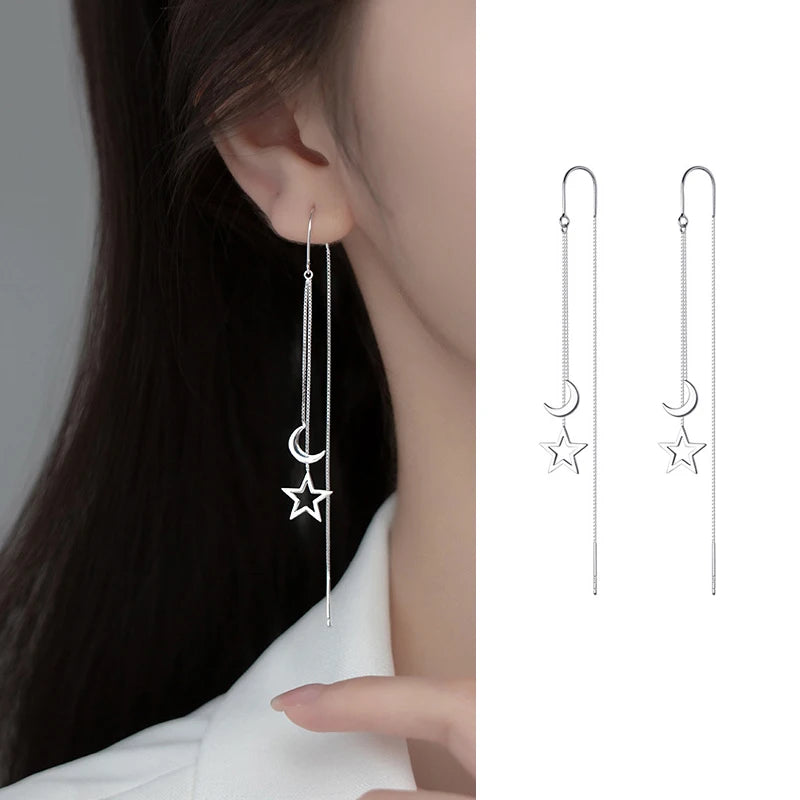 S925 Silver Needle Star Line Earring for Women Tassel Drop Earring Long Chain Beads Piercing Earring Asymmetry Ear Jewelry