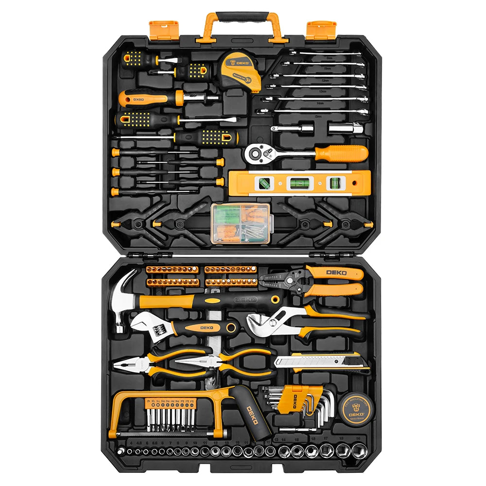 DEKO 228Pcs Socket Wrench Auto Repair Tool Combination Package Mixed Tool Set Hand Tool Kit with Plastic Toolbox Storage Case