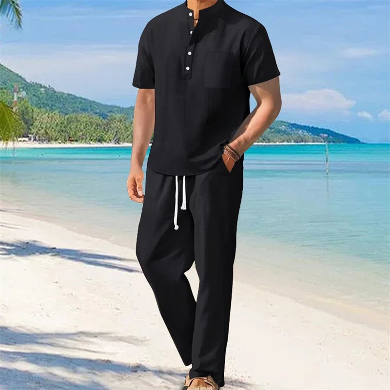 Men's Casual 2 Piece Outfit Short Sleeve Henley Tops with Drawstring Pants Loose Solid Color Set for a Stylish Look