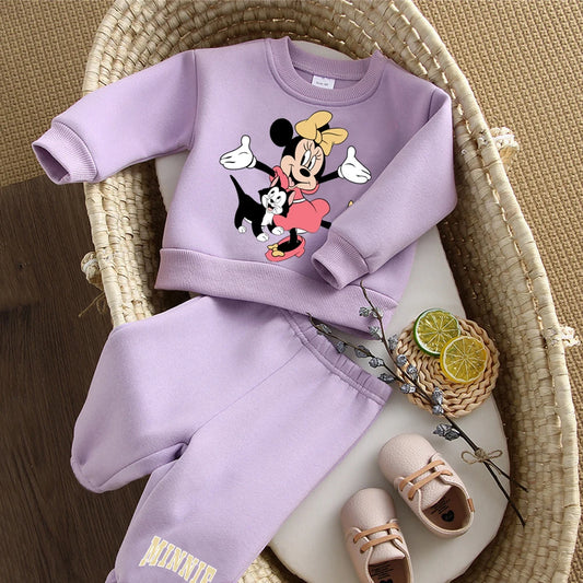 Warm Fleece Lined Baby Suit Cartoon Printed O-neck Sweatshirt + Pant 2Pcs Kids Boy / Girl Clothes