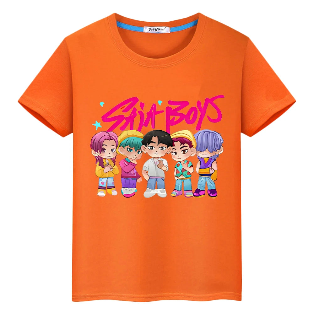 T shirt for kids boy 10 year Saja Boys Print Cute Tops Y 2 K k-pop demon hunters Kawaii Tees 100% Cotton anime Short girls clothes