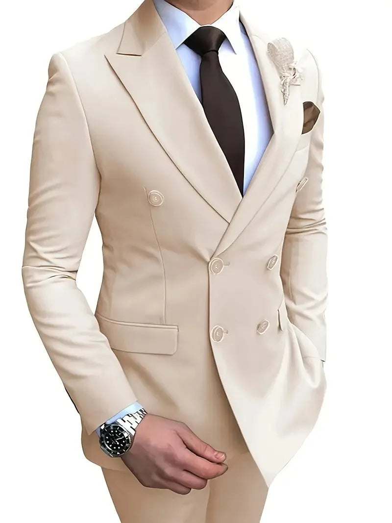 Elegant Men's Suits 2-Piece Set Double Breasted Jacket Business Casual Suit Coat Work Interview Coat (Blazer+Pants)