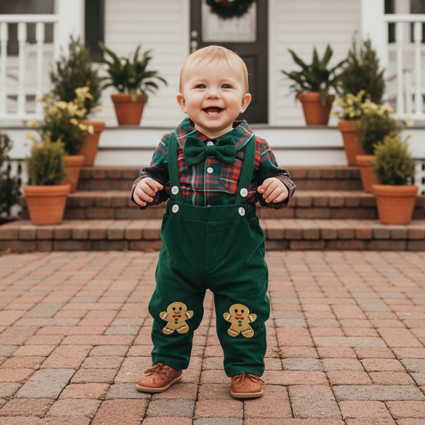 Baby Boy Clothing Cute Christmas Long Sleeve Plaid Romper with Embroidery Overalls Clothes Set 2Pcs Outfits