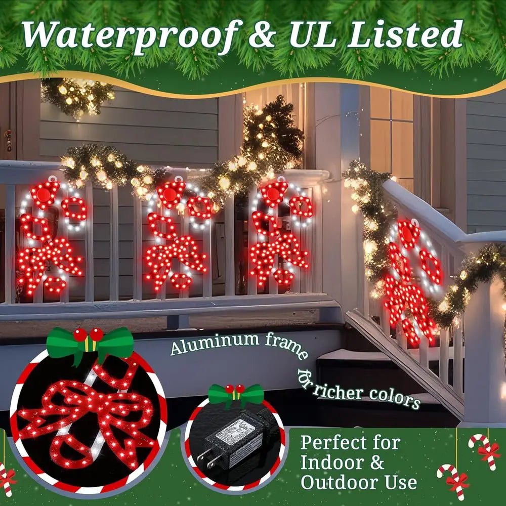 10 Inch 300 LED Waterproof Twinkling Candy Cane Window Decorations with Bows, Red and White for Outdoor Holiday Porches